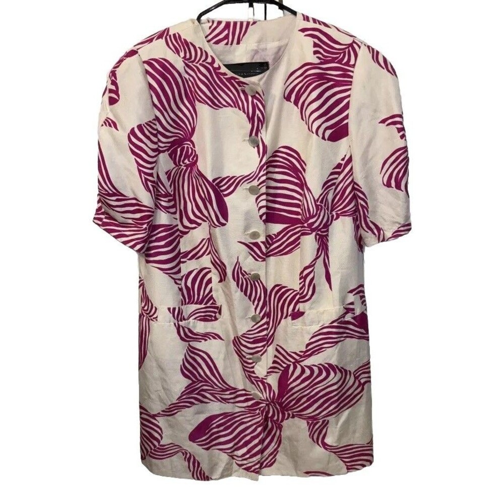Louis Feraud Vintage Silk Dress Pink Bow Print Buttons Lined Short Sleeve 14